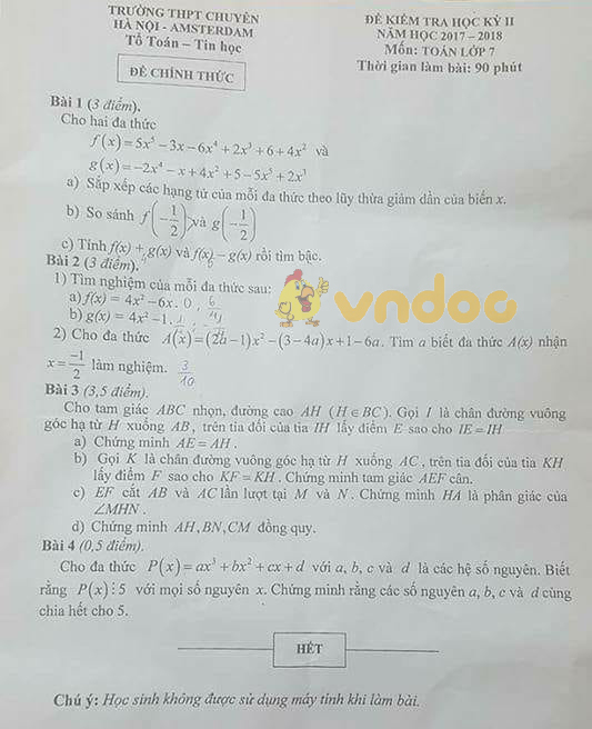 Đề kiểm tra học kì 2 lớp 7 môn Toán trường THPT Chuyên Hà Nội - Amsterdam năm học 2017 - 2018