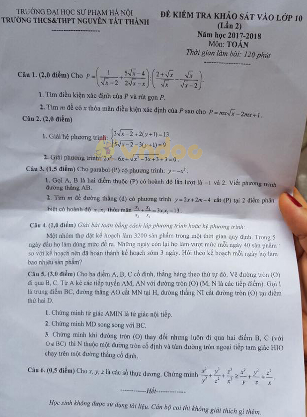 Đề kiểm tra khảo sát vào lớp 10 môn Toán trường THCS&THPT Nguyễn Tất Thành, Hà Nội năm học 2017 - 2018 (lần 2)