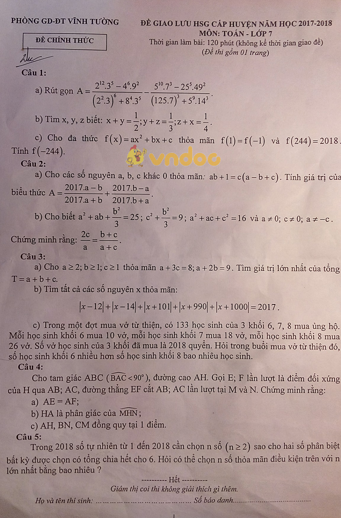 Đề thi giao lưu học sinh giỏi cấp huyện lớp 7 môn Toán Phòng GD&ĐT Vĩnh Tường năm học 2017 - 2018