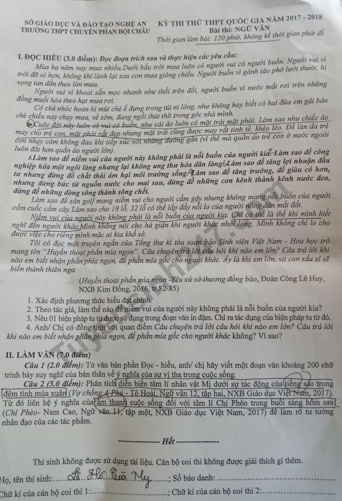 Đề thi học kì 2 lớp 12 môn Ngữ văn năm 2017 - 2018