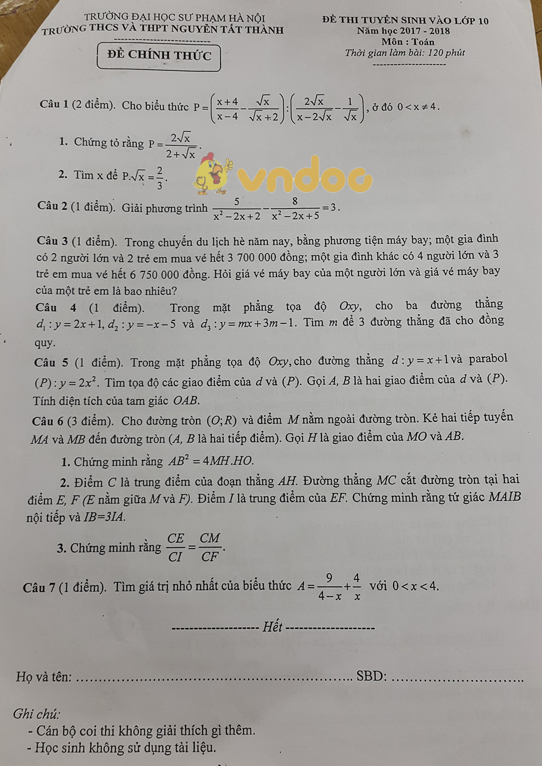 Đề thi tuyển sinh vào lớp 10 môn Toán trường THCS&THPT Nguyễn Tất Thành, Hà Nội năm học 2017 - 2018
