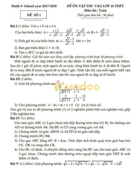 Đề cương ôn thi vào lớp 10 môn Toán năm học 2017 - 2018
