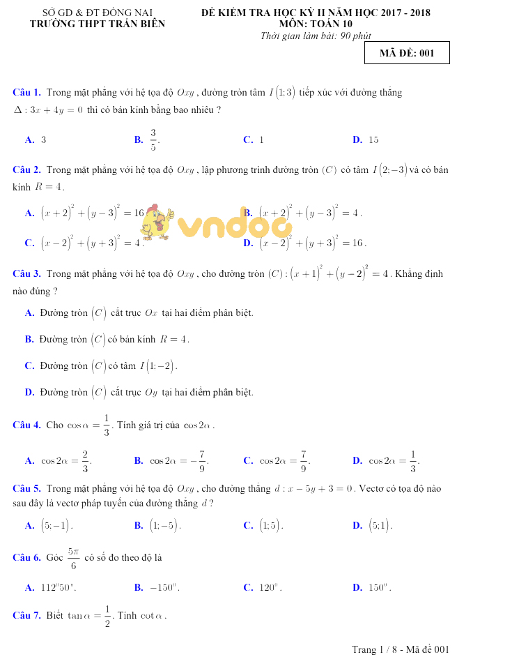 Đề kiểm tra học kì 2 lớp 10 môn Toán trường THPT Trấn Biên năm học 2017 - 2018
