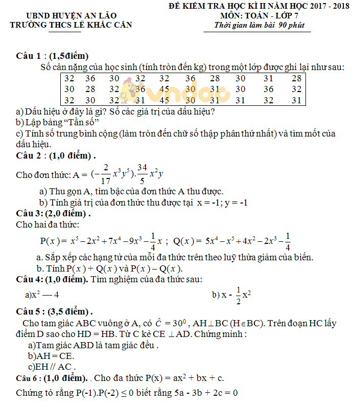 Đề kiểm tra học kì 2 lớp 7 môn Toán trường THCS Lê Khắc Cẩn, An Lão năm học 2017 - 2018