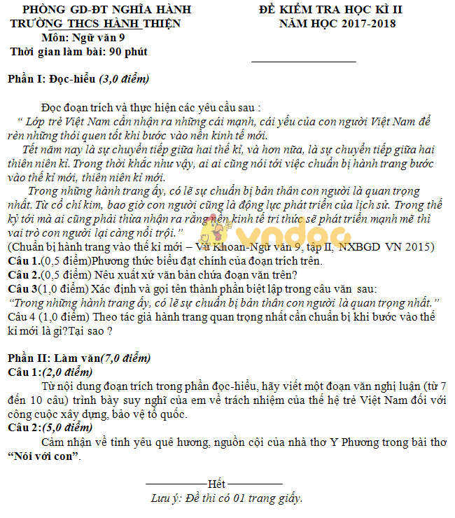 Đề kiểm tra học kì 2 lớp 9 môn Ngữ văn trường THCS Hành Thiện, Nghĩa Hành năm học 2017 - 2018