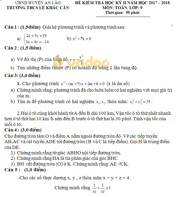 Đề kiểm tra học kì 2 lớp 9 môn Toán trường THCS Lê Khắc Cẩn, An Lão năm học 2017 - 2018