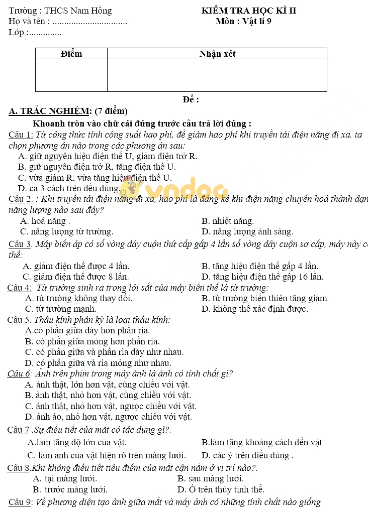 Đề kiểm tra học kì 2 lớp 9 môn Vật lý trường THCS Nam Hồng năm học 2017 - 2018