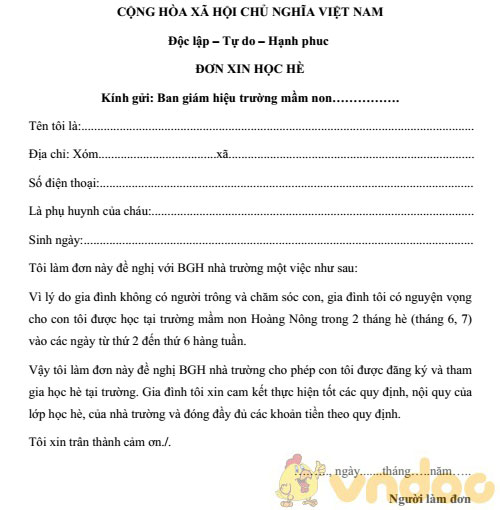 Đơn xin học hè mầm non