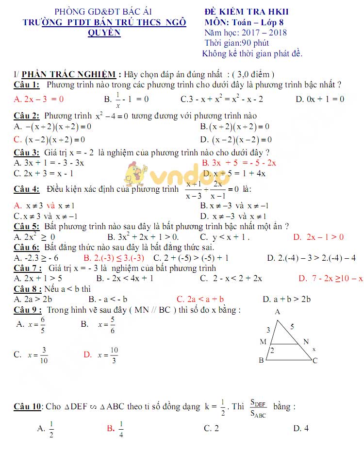 Đề kiểm tra học kì 2 lớp 8 môn Toán trường PTDT BT THCS Ngô Quyền, Bác Ái năm học 2017 - 2018