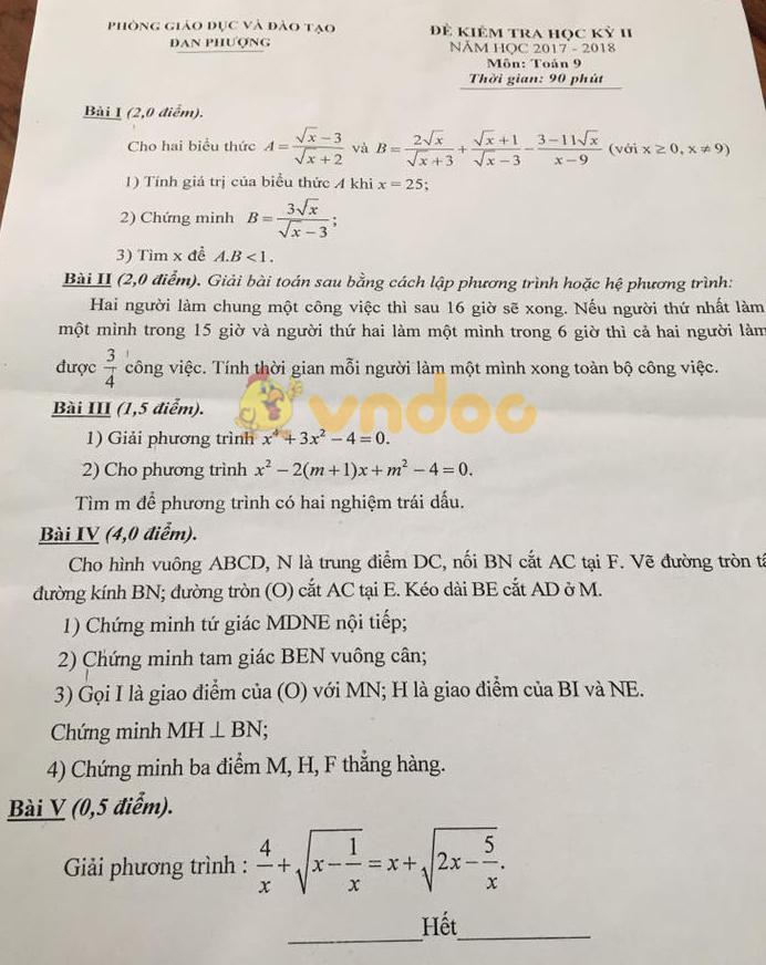 Bộ đề thi học kì 2 lớp 9 môn Toán năm học 2017 - 2018