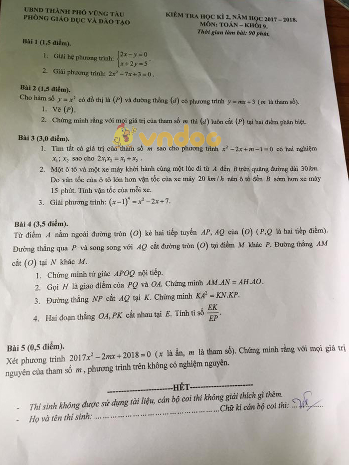 Đề kiểm tra học kì 2 lớp 9 môn Toán Phòng GD&ĐT TP Vũng Tàu năm học 2017 - 2018