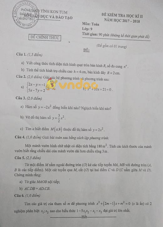 Đề kiểm tra học kì 2 lớp 9 môn Toán Sở GD&ĐT tỉnh Kon Tum năm học 2017 - 2018