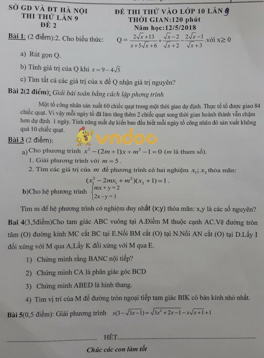 Đề thi thử vào lớp 10 môn Toán Sở GD&ĐT Hà Nội năm học 2018 - 2019 (lần 9)