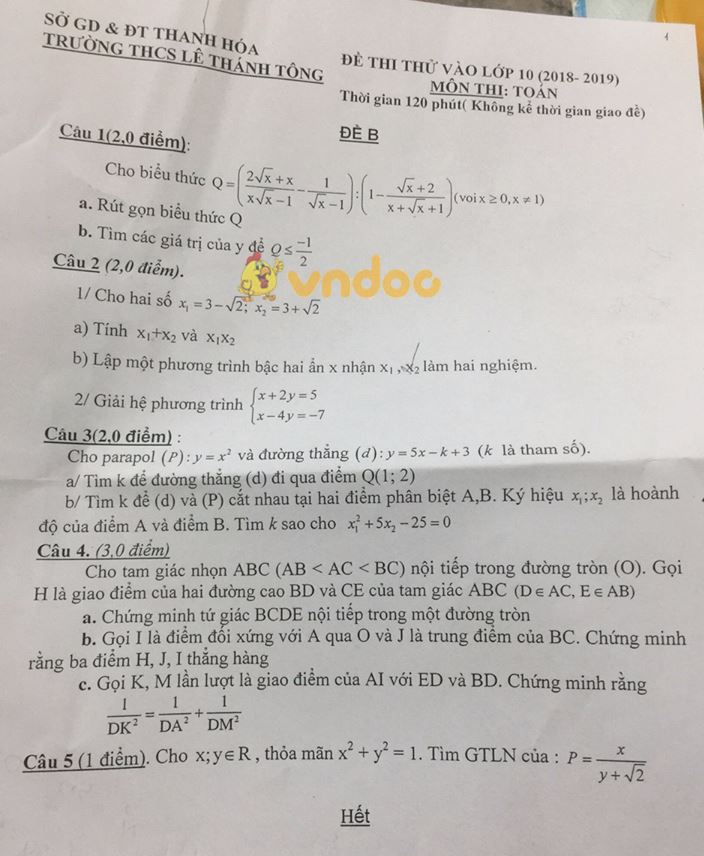 Đề thi thử vào lớp 10 môn Toán trường THCS Lê Thánh Tông, Thanh Hóa năm học 2018 - 2019