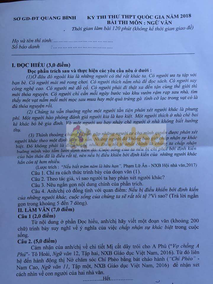 Đề thi thử THPT quốc gia môn Ngữ văn năm 2018