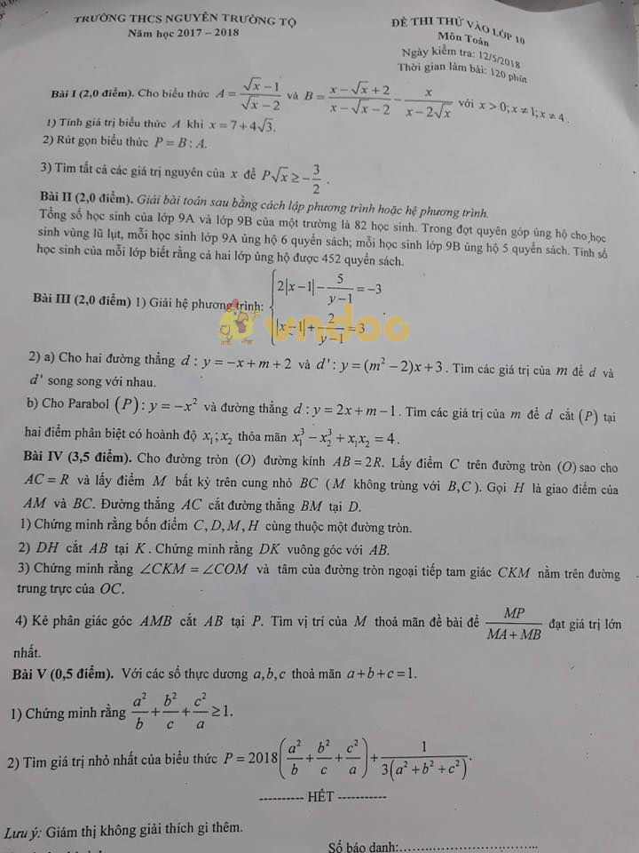 Đề thi thử vào lớp 10 môn Toán trường THCS Nguyễn Trường Tộ năm học 2017 - 2018