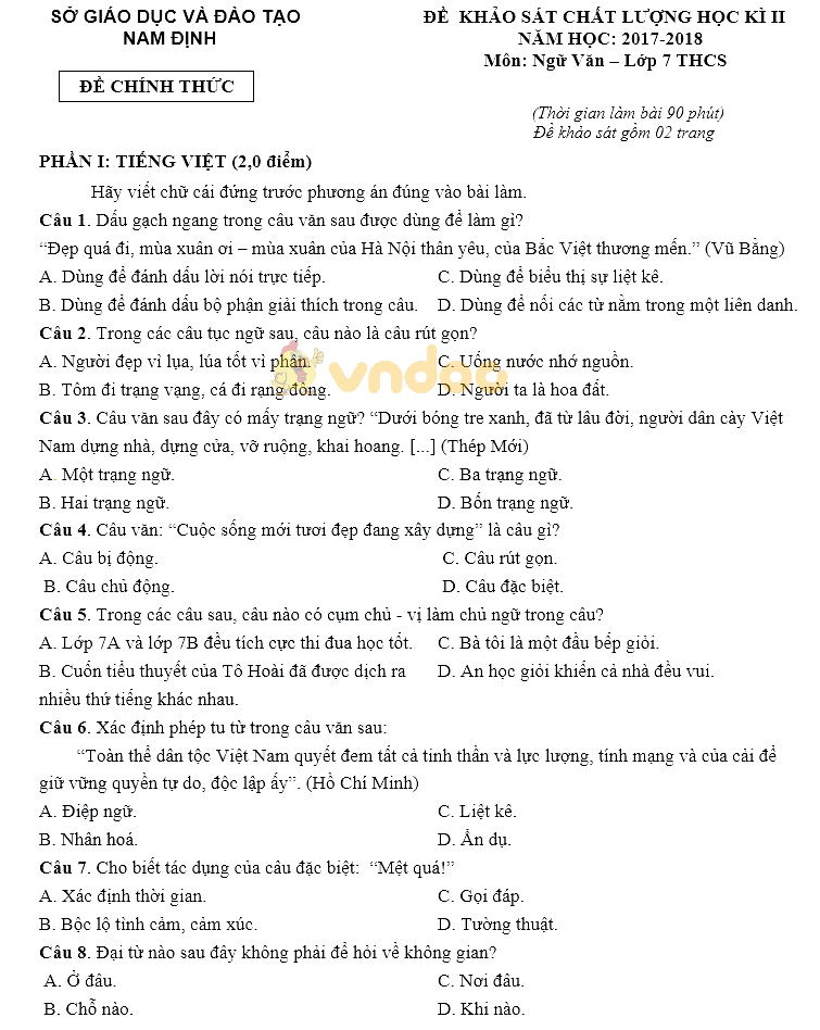 Đề KSCL học kì 2 lớp 7 môn Ngữ văn Sở GD&ĐT Nam Định năm học 2017 - 2018