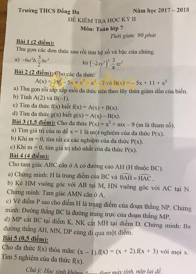 Đề kiểm tra học kì 2 lớp 7 môn Toán trường THCS Đống Đa năm học 2017 - 2018