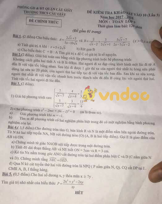 Đề kiểm tra khảo sát vào lớp 10 môn Toán trường THCS Cầu Giấy, Cầu Giấy năm học 2017 - 2018 (lần 3)