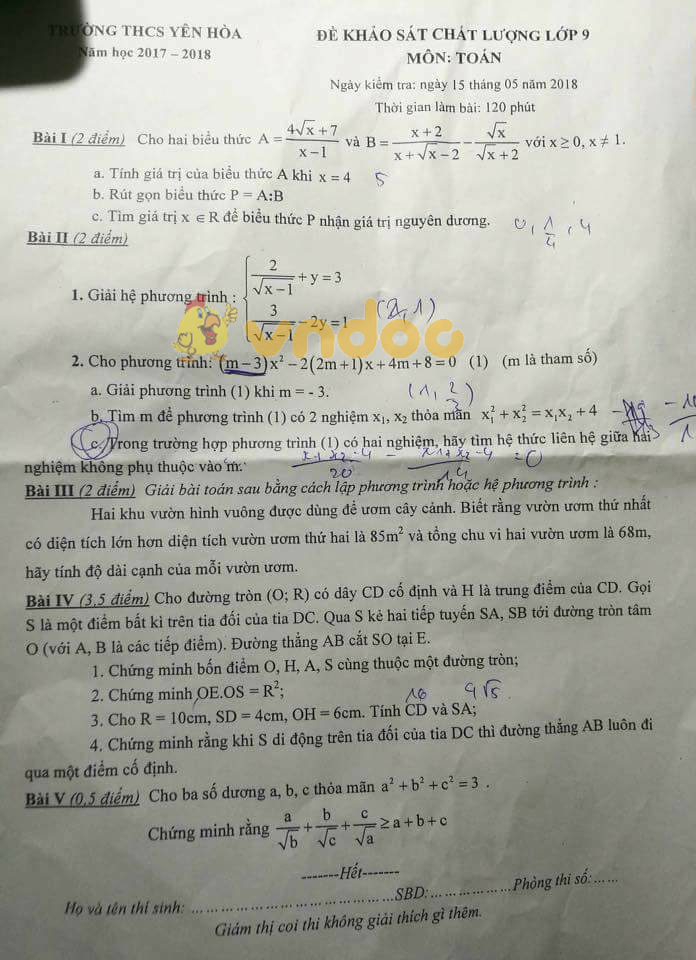 Đề KSCL lớp 9 môn Toán trường THCS Yên Hòa năm học 2017 - 2018