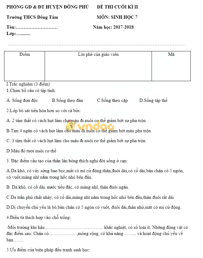 Đề thi học kì 2 lớp 7 môn Sinh học trường THCS Đồng Tâm, Đồng Phú năm học 2017 - 2018