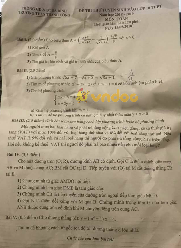 Đề thi thử vào lớp 10 môn Toán trường THCS Thành Công, Ba Đình năm học 2018 - 2019