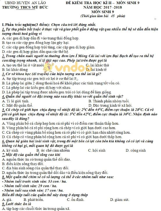 Đề kiểm tra học kì 2 lớp 9 môn Sinh học trường THCS Mỹ Đức, An Lão năm học 2017 - 2018