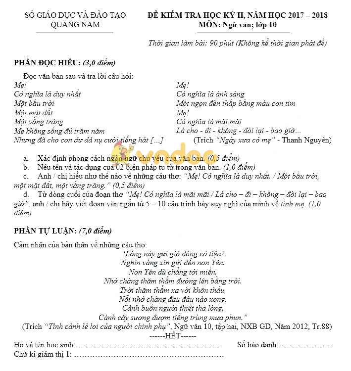 Đề thi học kì 2 lớp 10 môn Ngữ văn Sở GD&ĐT Quảng Nam năm học 2017 - 2018