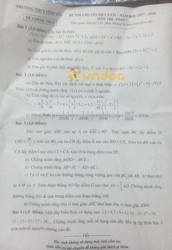 Đề thi chuyên đề lần 2 lớp 7 môn Toán trường THCS Vĩnh Yên năm học 2017 - 2018