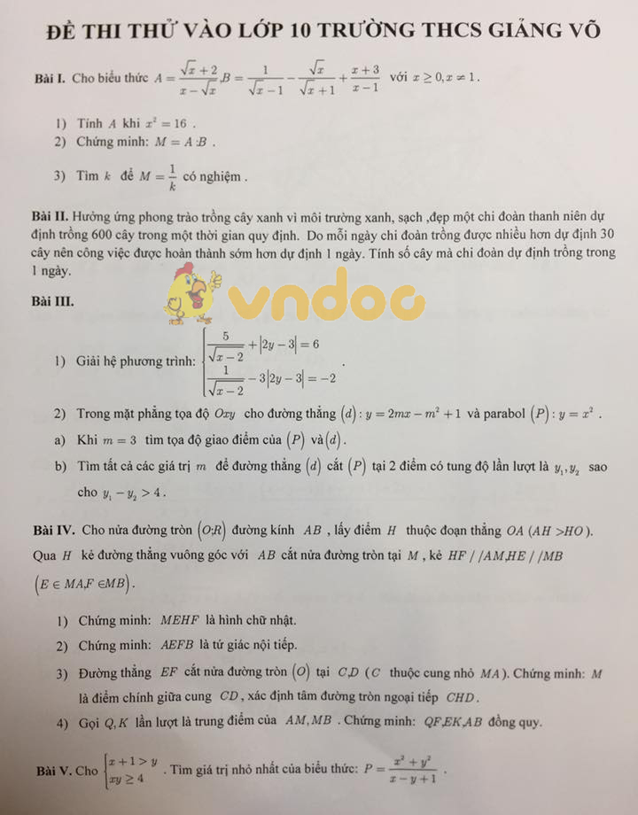 Đề thi thử vào lớp 10 môn Toán trường THCS Giảng Võ năm học 2018 - 2019