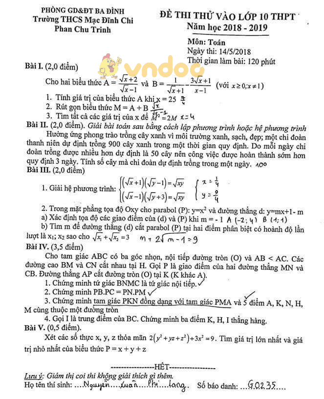 Đề thi thử vào lớp 10 môn Toán trường THCS Mạc Đĩnh Chi năm học 2018 - 2019