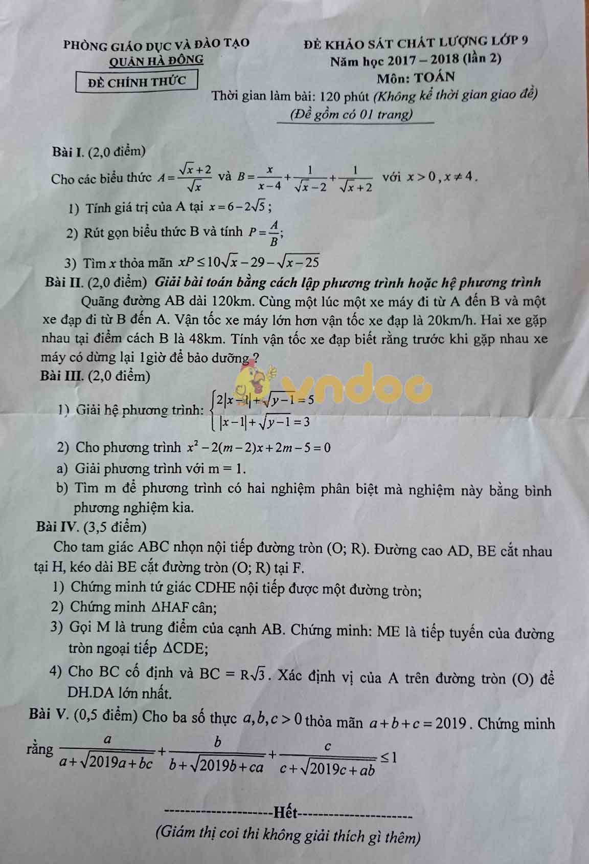 Đề KSCL học sinh lớp 9 môn Toán Phòng GD&ĐT Quận Hà Đông năm học 2017 - 2018 (lần 2)
