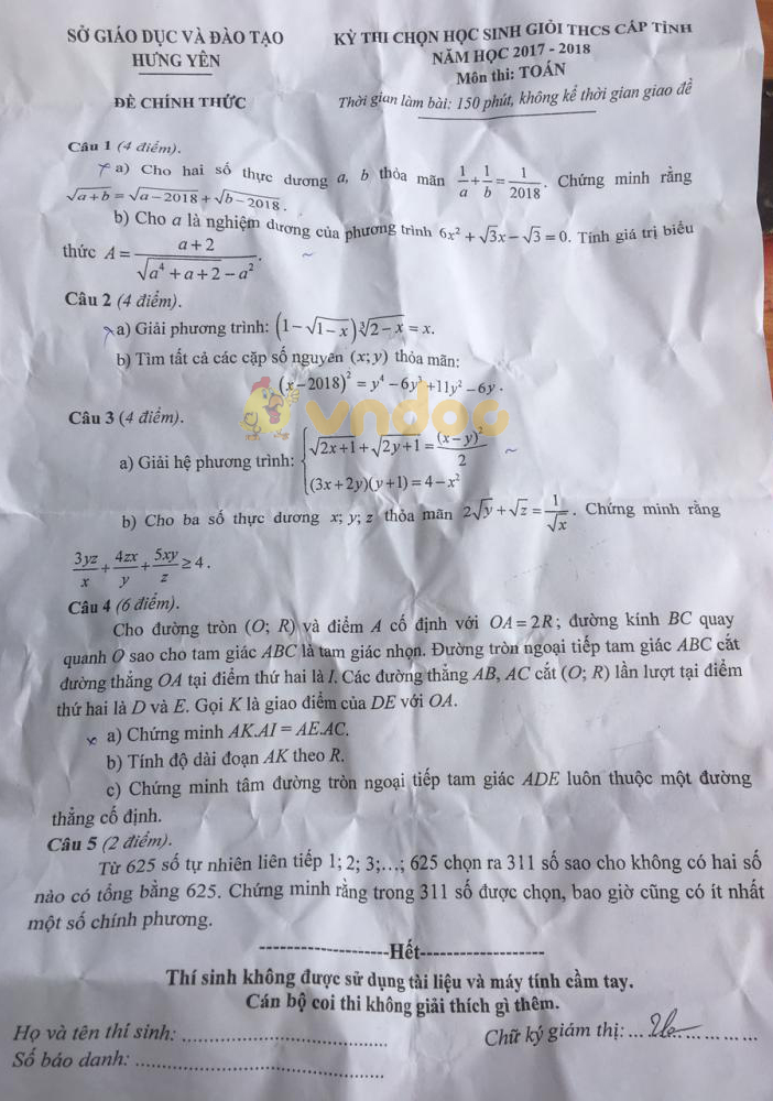 Đề thi chọn học sinh giỏi lớp 9 môn Toán Sở GD&ĐT Hưng Yên năm học 2017 - 2018
