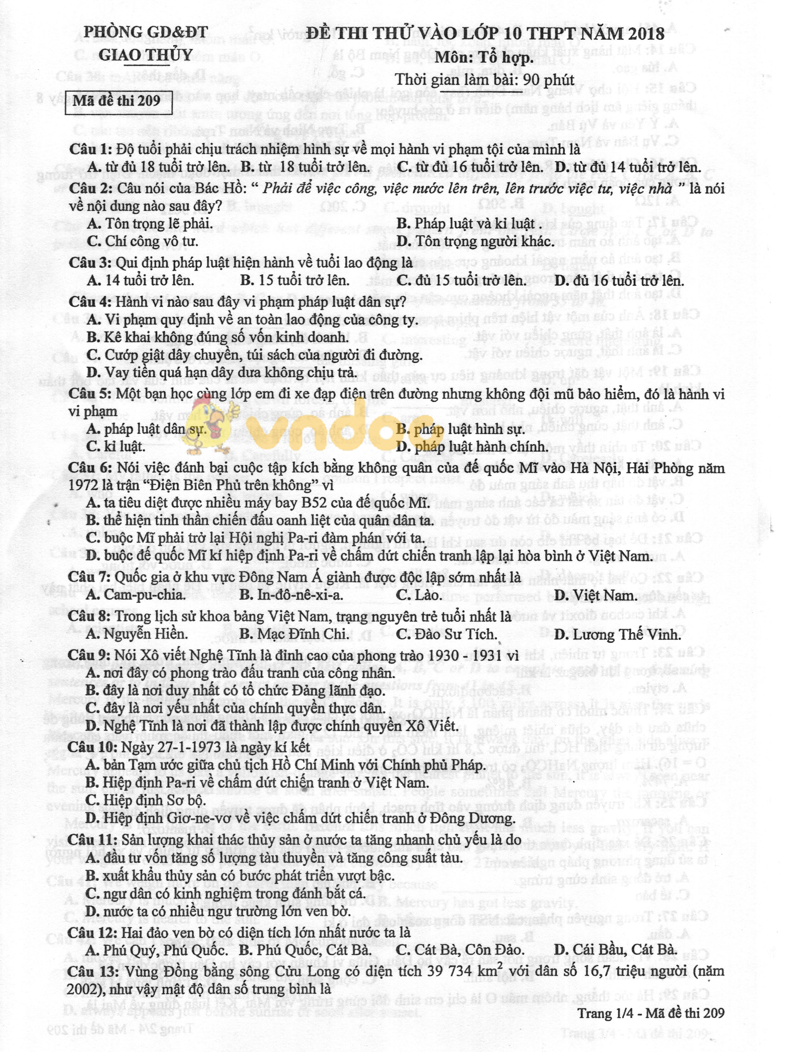 Đề thi thử vào lớp 10 môn Tổ hợp Phòng GD&ĐT Giao Thủy năm học 2018 - 2019