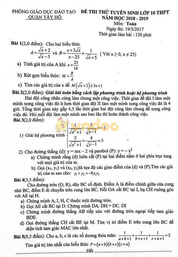 Đề thi thử vào lớp 10 môn Toán Phòng GD&ĐT Quận Tây Hồ năm học 2018 - 2019