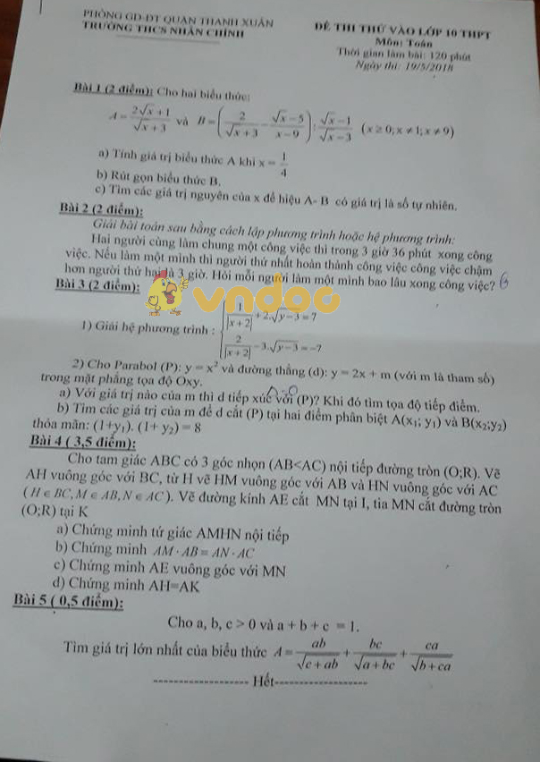 Đề thi thử vào lớp 10 môn Toán trường THCS Nhân Chính năm học 2017 - 2018