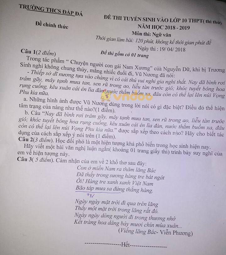 Bộ đề thi thử vào lớp 10 môn Ngữ văn năm học 2018 - 2019