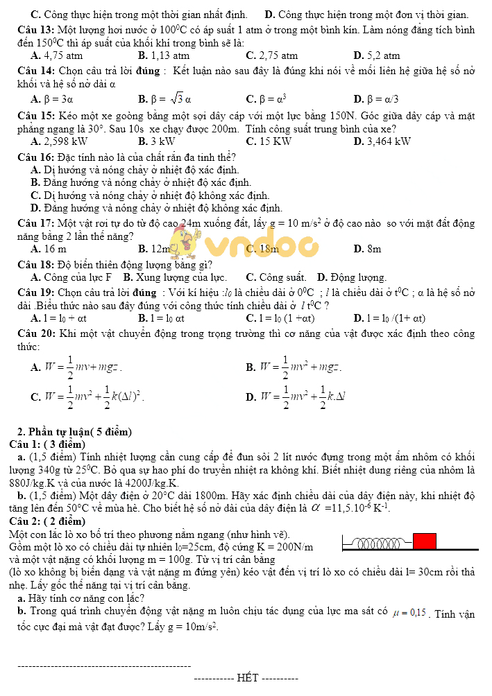 Đề kiểm tra học kì 2 lớp 10 môn Vật lý trường THPT Phạm Văn Đồng, Đăk Lăk năm học 2017 - 2018
