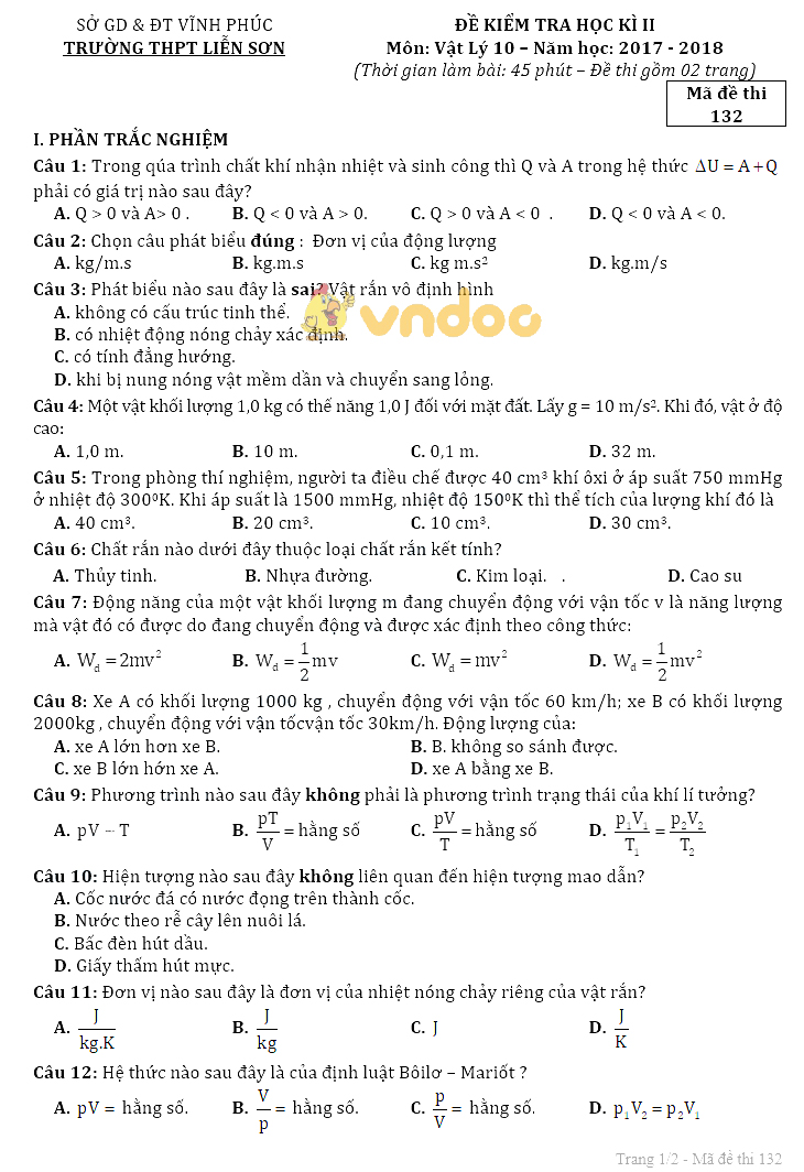 Đề thi học kì 2 lớp 10 môn Vật lý trường THPT Liễn Sơn, Vĩnh Phúc năm học 2017 - 2018