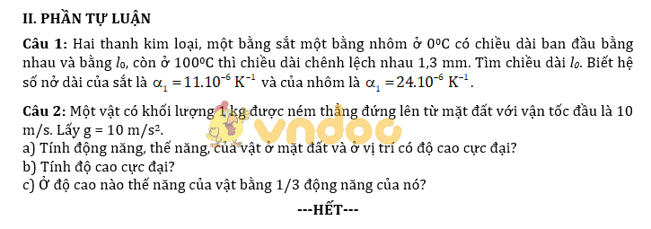 Đề thi học kì 2 lớp 10 môn Vật lý trường THPT Liễn Sơn, Vĩnh Phúc năm học 2017 - 2018