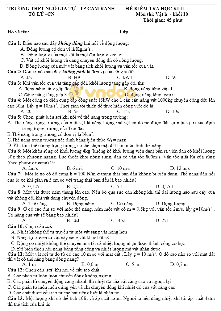 Đề thi học kì 2 lớp 10 môn Vật lý trường THPT Ngô Gia Tự, Cam Ranh năm học 2017 - 2018