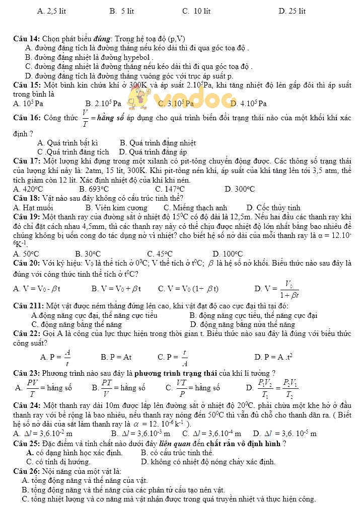 Đề thi học kì 2 lớp 10 môn Vật lý trường THPT Ngô Gia Tự, Cam Ranh năm học 2017 - 2018