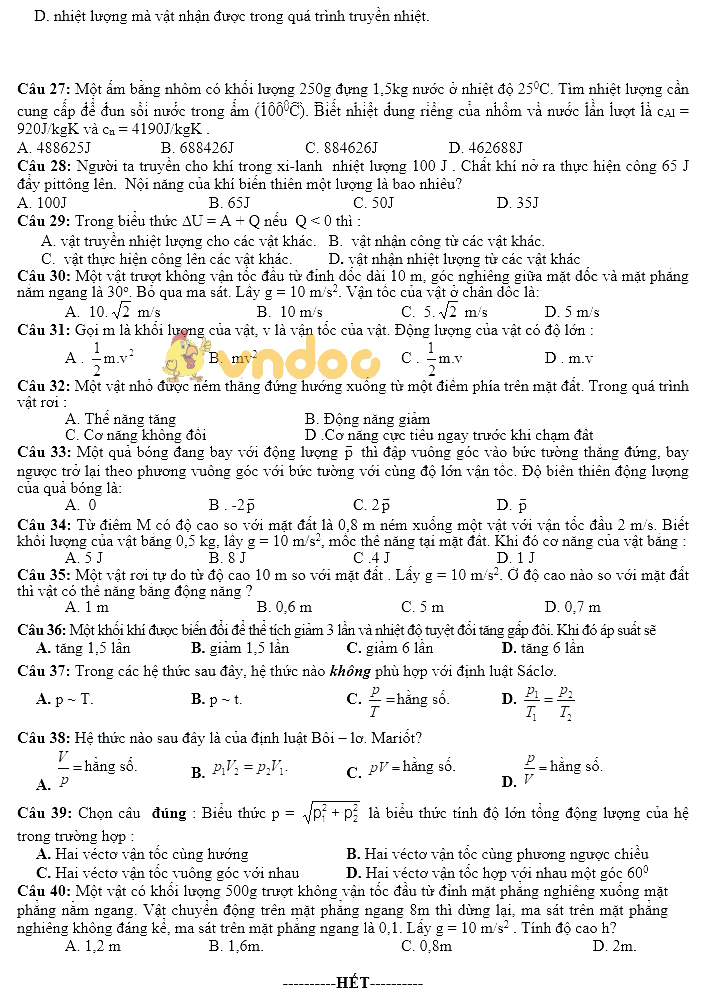 Đề thi học kì 2 lớp 10 môn Vật lý trường THPT Ngô Gia Tự, Cam Ranh năm học 2017 - 2018