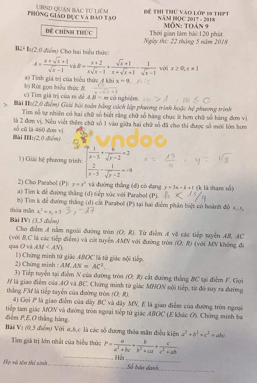 Đề thi thử vào lớp 10 môn Toán Phòng GD&ĐT Bắc Từ Liêm năm học 2017 - 2018