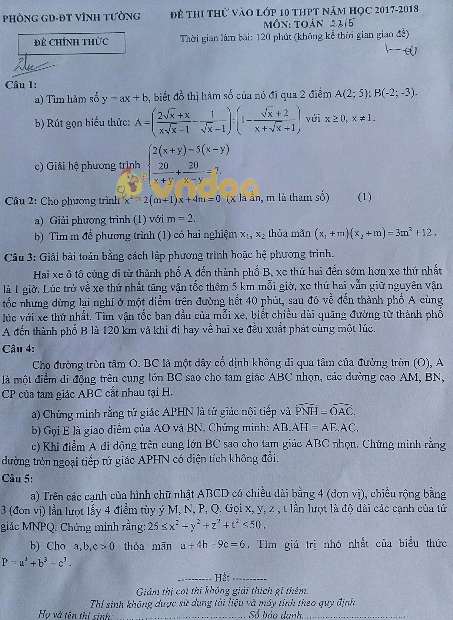 Đề thi thử vào lớp 10 môn Toán Phòng GD&ĐT Vĩnh Tường năm học 2017 - 2018