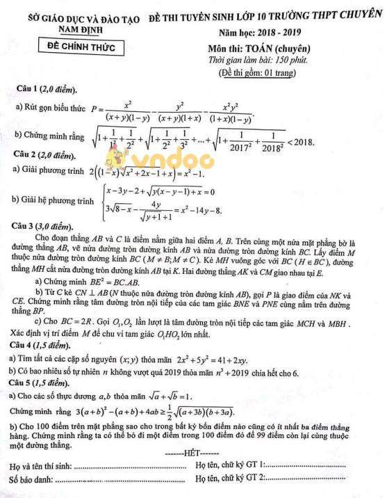 Đề thi thử vào lớp 10 Chuyên môn Toán Sở GD&ĐT Nam Định năm học 2018 - 2019