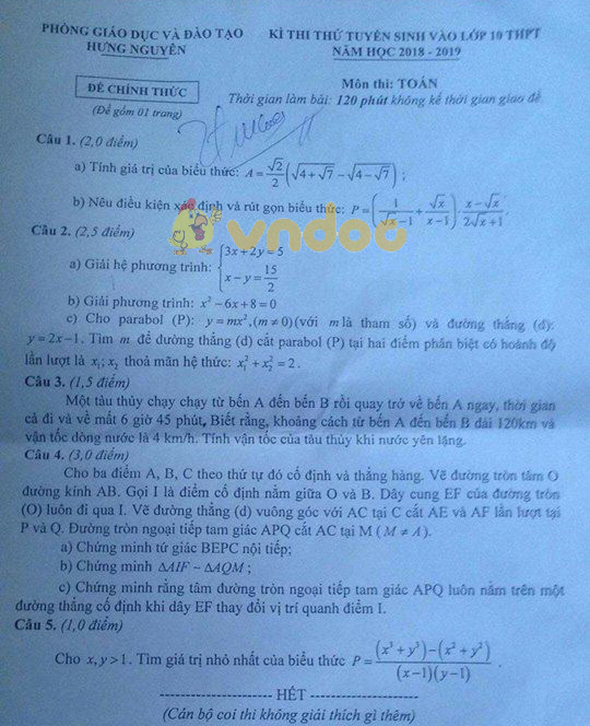 Đề thi thử vào lớp 10 môn Toán Phòng GD&ĐT Hưng Nguyên năm học 2018 - 2019