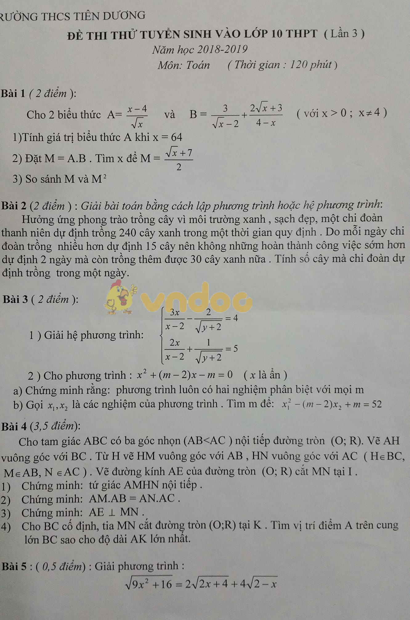 Đề thi thử vào lớp 10 môn Toán trường THCS Tiên Dương năm học 2018 - 2019 (lần 3)