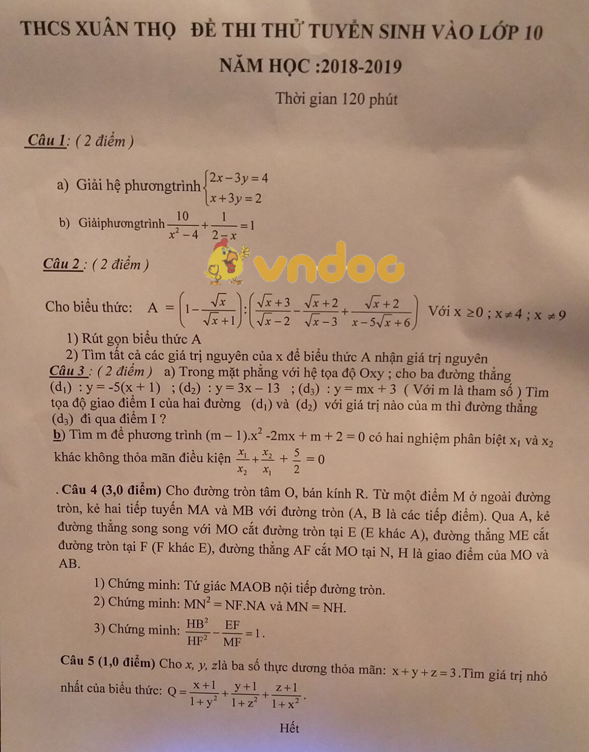 Đề thi thử vào lớp 10 môn Toán trường THCS Xuân Thọ năm học 2018 - 2019