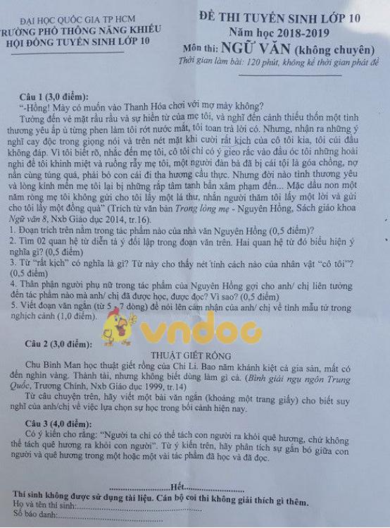 Đề thi tuyển sinh vào lớp 10 môn Ngữ văn trường Phổ Thông Năng Khiếu, Thành Phố Hồ Chí Minh năm học 2018 - 2019 (không chuyên)